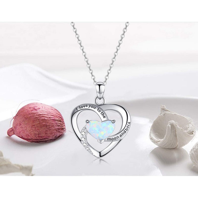 Cuoka I Love You To The Moon and Back Necklace 925 Sterling Silver Heart Opal October Birthstone Lover Pendant Necklace for Women Wife - Image 4